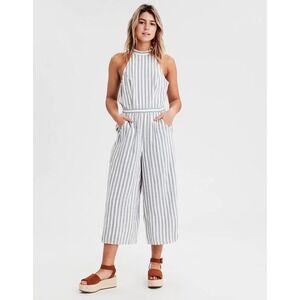 American Eagle NWT Striped Flowy Halter Open Back‎ Wide Leg Cropped Jumpsuit XL